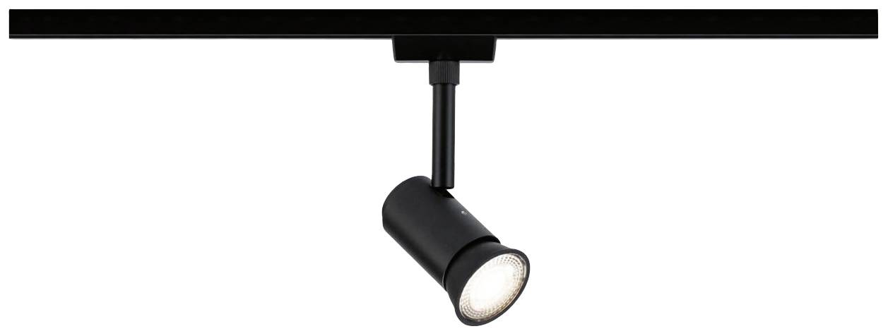 Un projecteur noir est suspendu à une rail, illuminant la pièce de manière ciblée. Idéal pour les galeries ou les espaces de vie modernes.