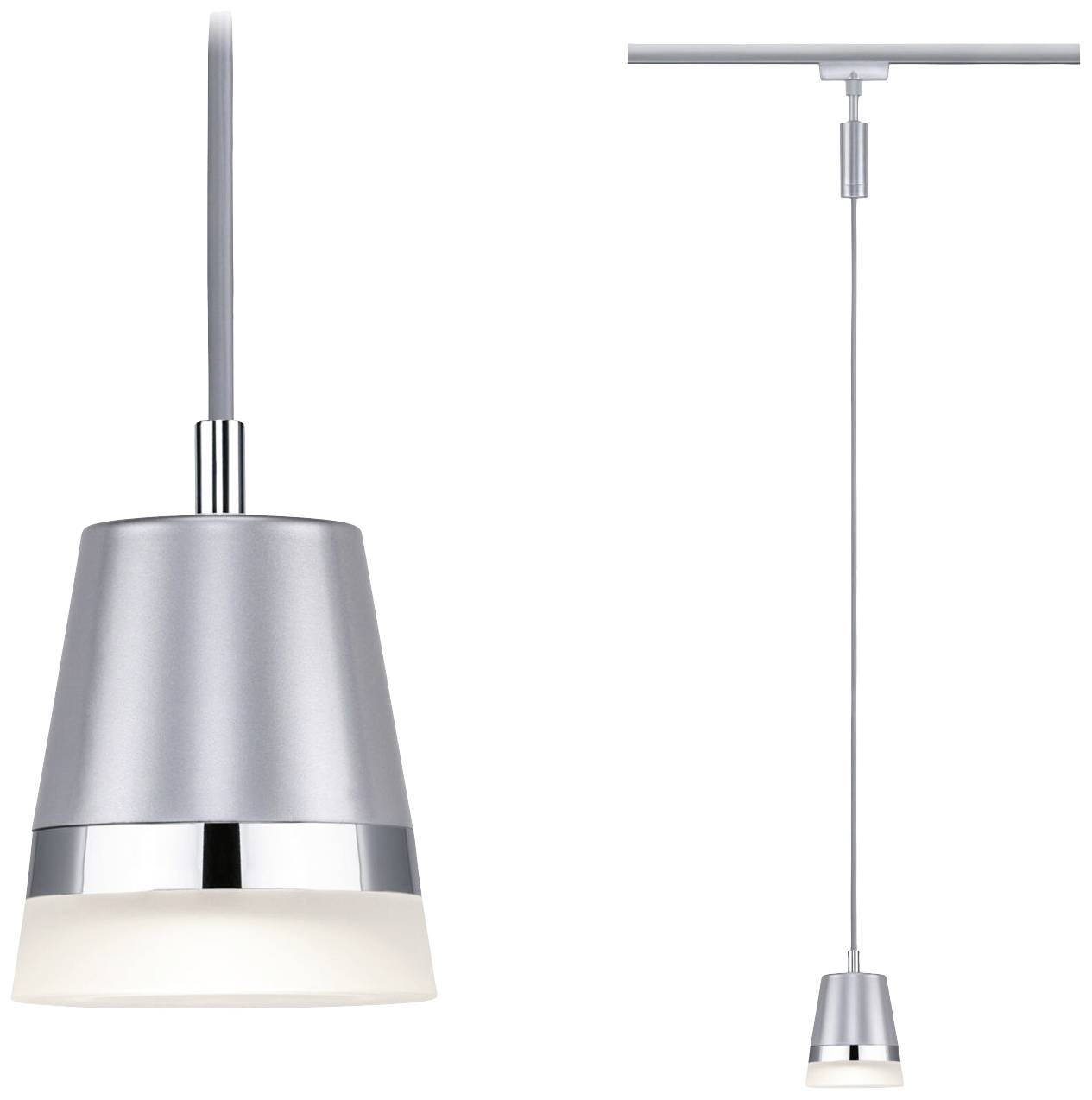 Lampe suspendue avec boîtier métallique argenté et verre dépoli. Montage au plafond apparent. Design moderne, convenant aux espaces intérieurs.