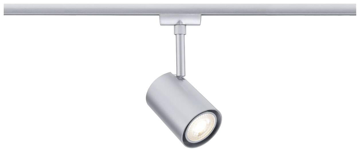 Un projecteur LED cylindrique unique en métal est monté sur un rail. Il éclaire vers le bas.