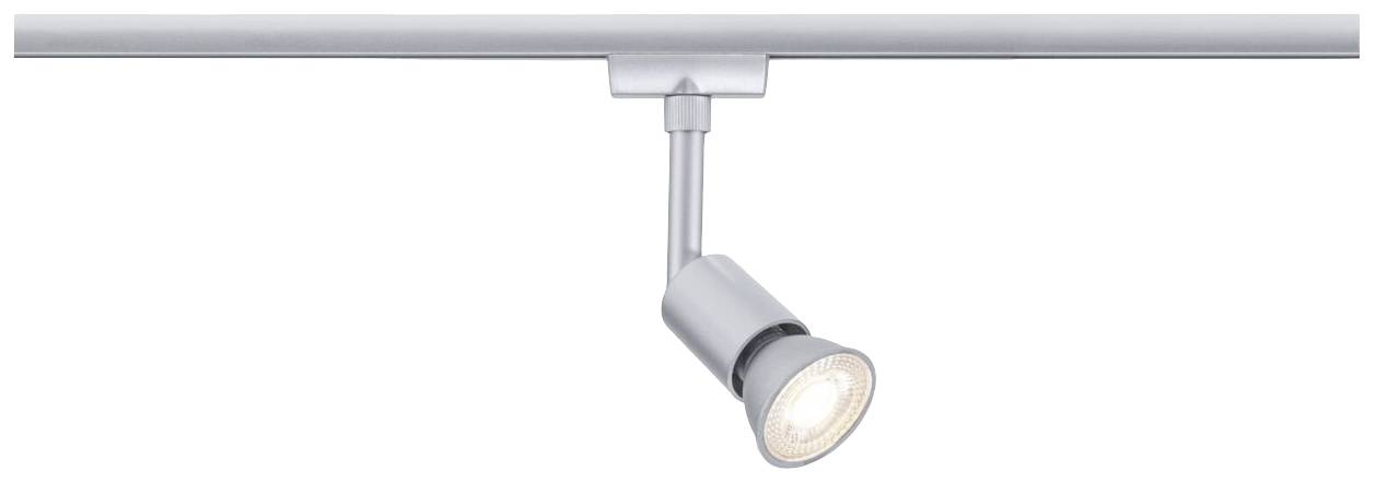 Lampe sur rail argentée avec une tête de lampe orientable dirigée vers le bas. Idéale pour un éclairage ciblé.