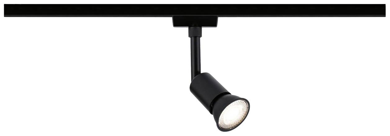 Projecteur noir sur rail, dirigé vers le bas, monté au plafond. Offre un éclairage focalisé pour des zones spécifiques.