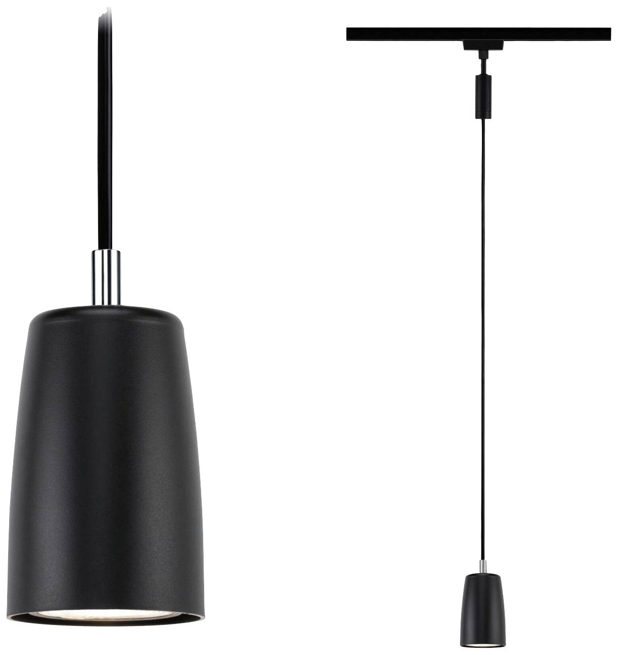 Un luminaire suspendu noir pend du plafond. À gauche, un gros plan de l'abat-jour, à droite, la lampe complète avec son câble.