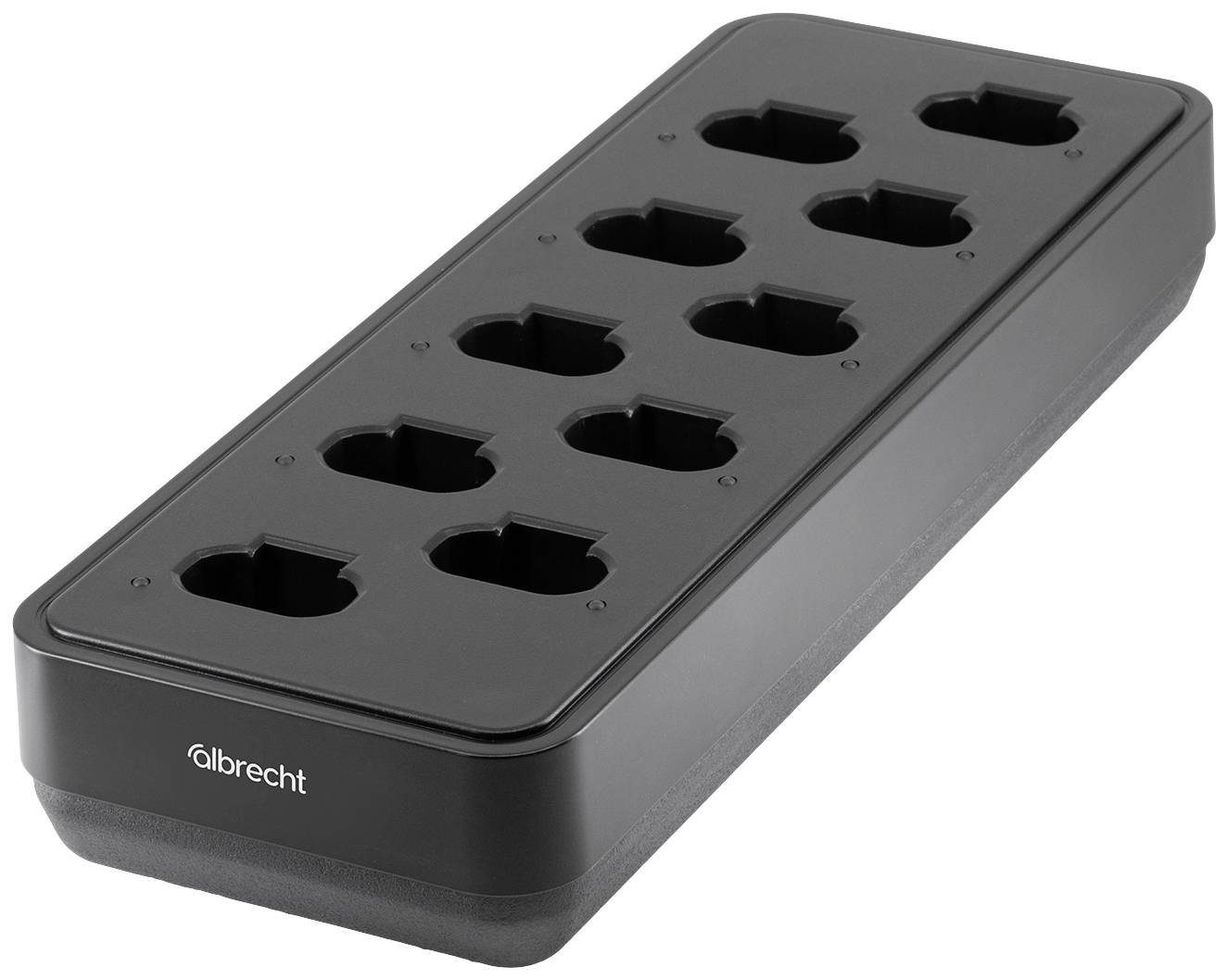Un chargeur noir à dix emplacements pour batteries de radios, placé sur une surface lisse.