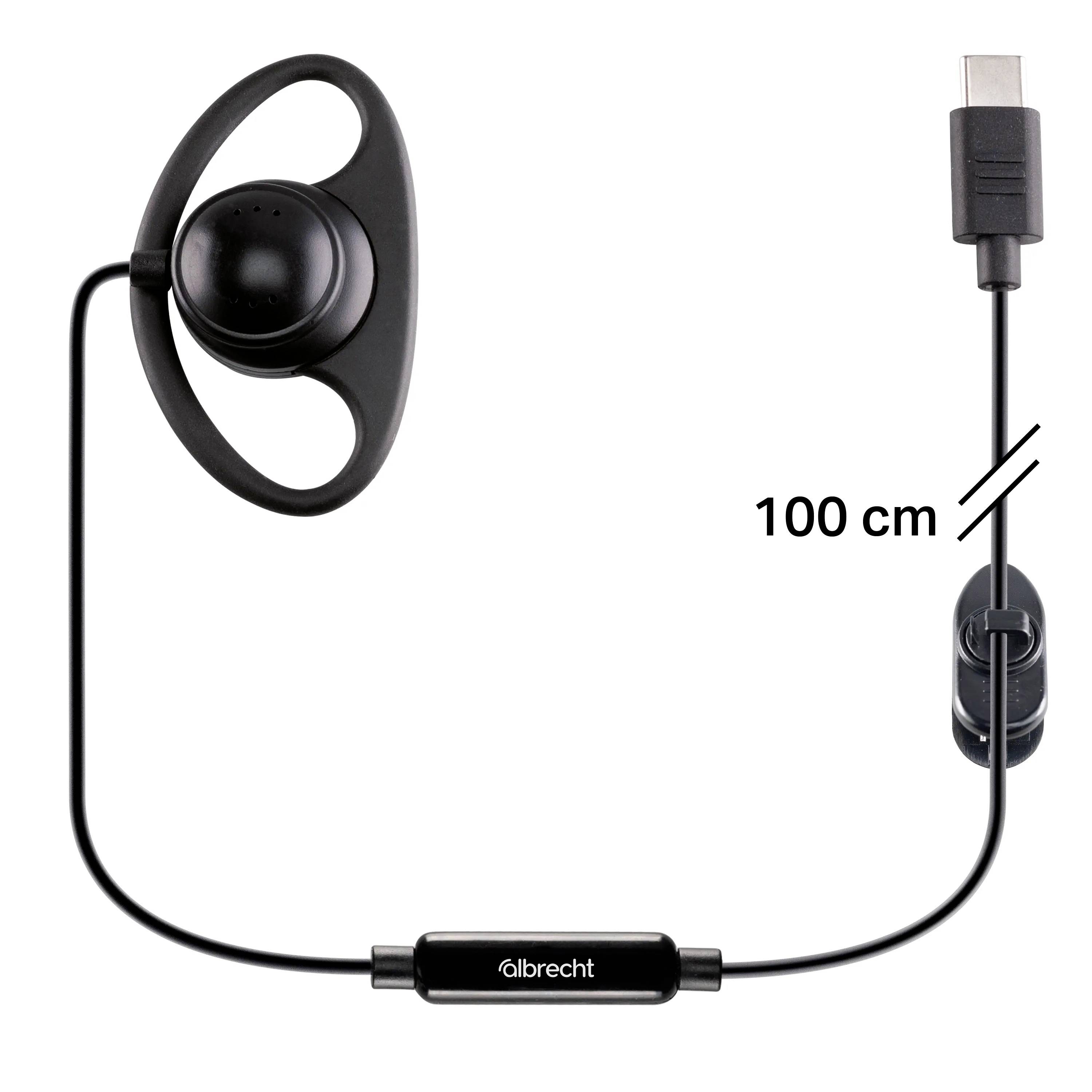 Un écouteur noir avec connexion USB-C et un câble de 100 cm est représenté. Le nom de marque 'albrecht' est visible sur la commande de câble.