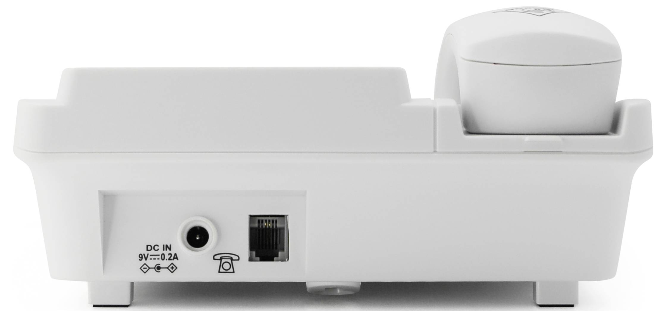 Arrière d'un téléphone sans fil blanc montrant les ports de connexion pour l'alimentation électrique et la ligne téléphonique.