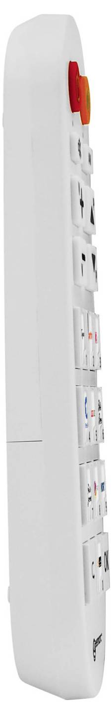 Une télécommande blanche vue de côté avec des touches colorées est présentée.