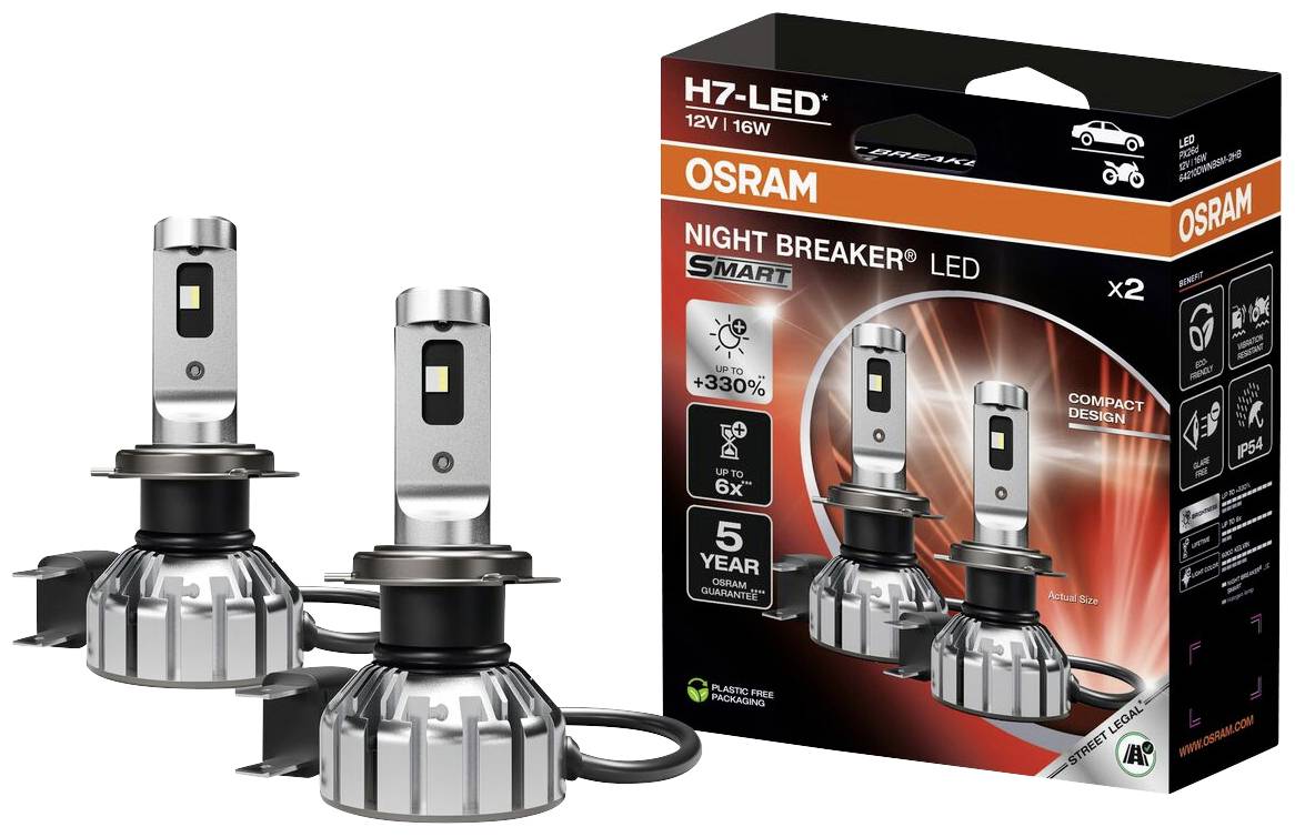 Lampes LED OSRAM H7 Night Breaker avec emballage. Deux lampes automobiles LED montrant les détails du produit : 12V, 16W, conception compacte, garantie de 5 ans.