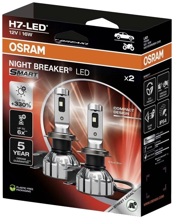 L'illustration montre l'emballage des ampoules LED H7 'OSRAM Night Breaker' pour phares de voiture, 12V/16W, garantie 5 ans, lot de 2 pièces.