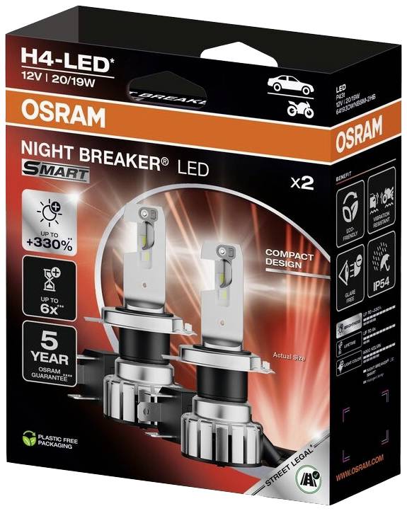 Emballage de lampes LED 'Osram Night Breaker' avec deux LED H4, 12V/20/19W, promet jusqu'à 330% de luminosité supplémentaire et un design compact.