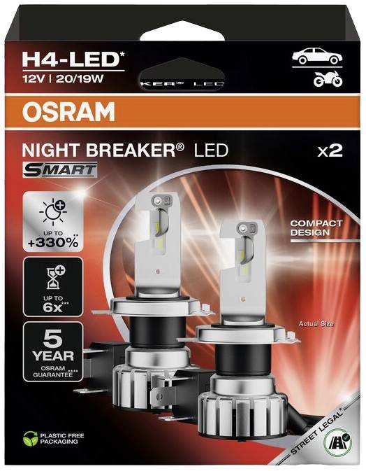 Deux lampes de nuit LED H4 d'OSRAM de 12V, 20/19W. Offre jusqu'à 330% de luminosité supplémentaire, design compact. 5 ans de garantie.