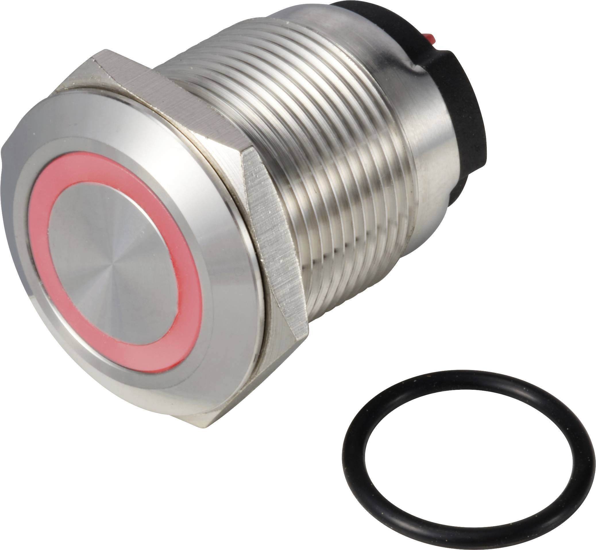 Bouton métallique rond avec anneau LED rouge et anneau noir d'étanchéité. Convient au montage dans des appareils électroniques.