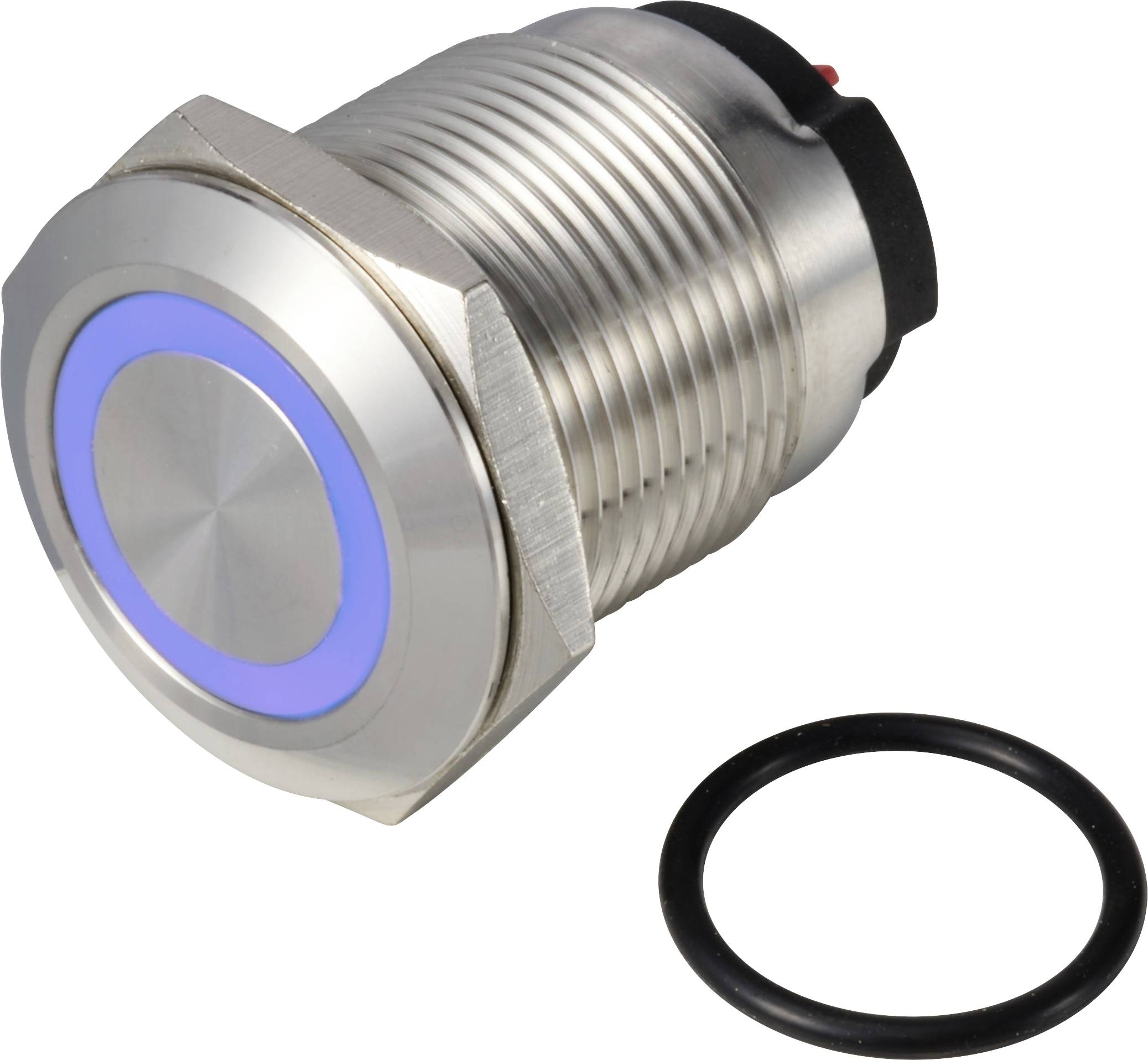 Commutateur à pression métallique avec anneau LED bleu, disposé horizontalement. À côté se trouve un joint d'étanchéité noir.