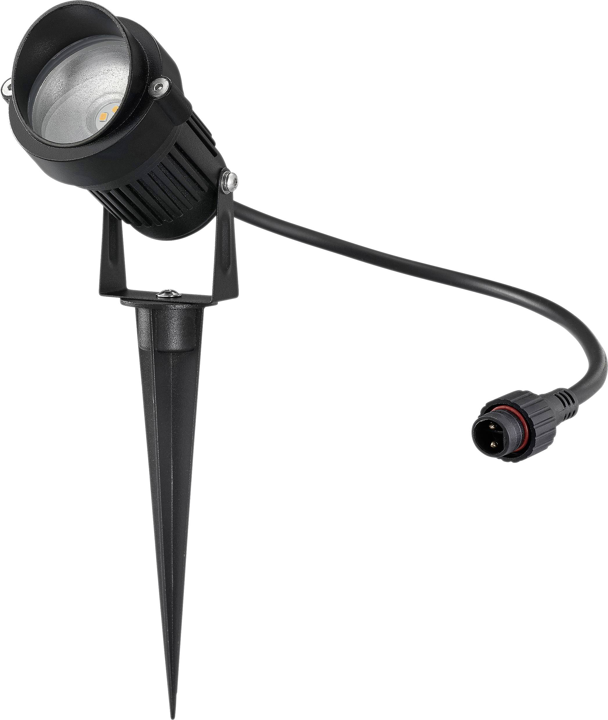Projecteur LED d'extérieur avec boîtier noir, piquet de fixation au sol et connecteur d'alimentation, conçu pour l'éclairage de jardin.