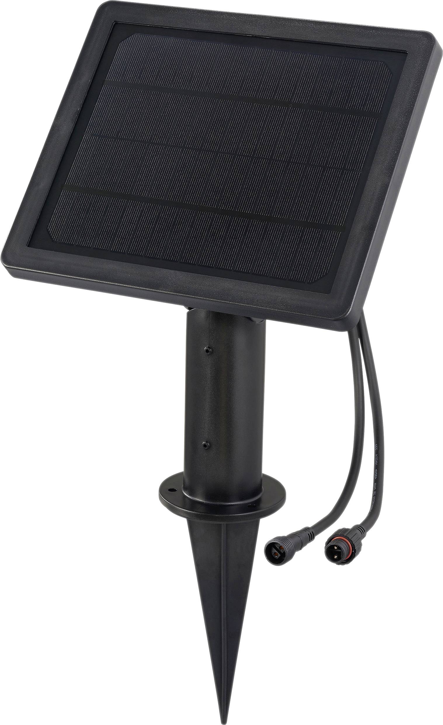 Un petit panneau solaire noir avec deux connecteurs à la base, monté sur un piquet pour une installation au sol.