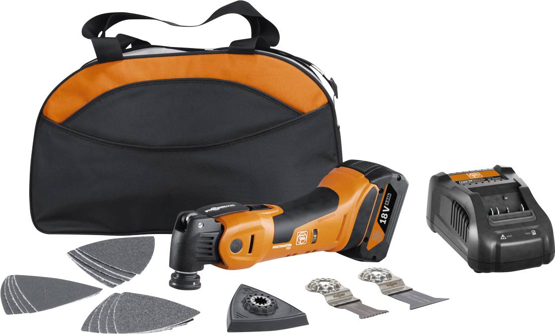 Ensemble d'outils multifonctions comprenant une sacoche, un chargeur, des disques abrasifs et des lames de scie. Appareil principal en orange et noir.