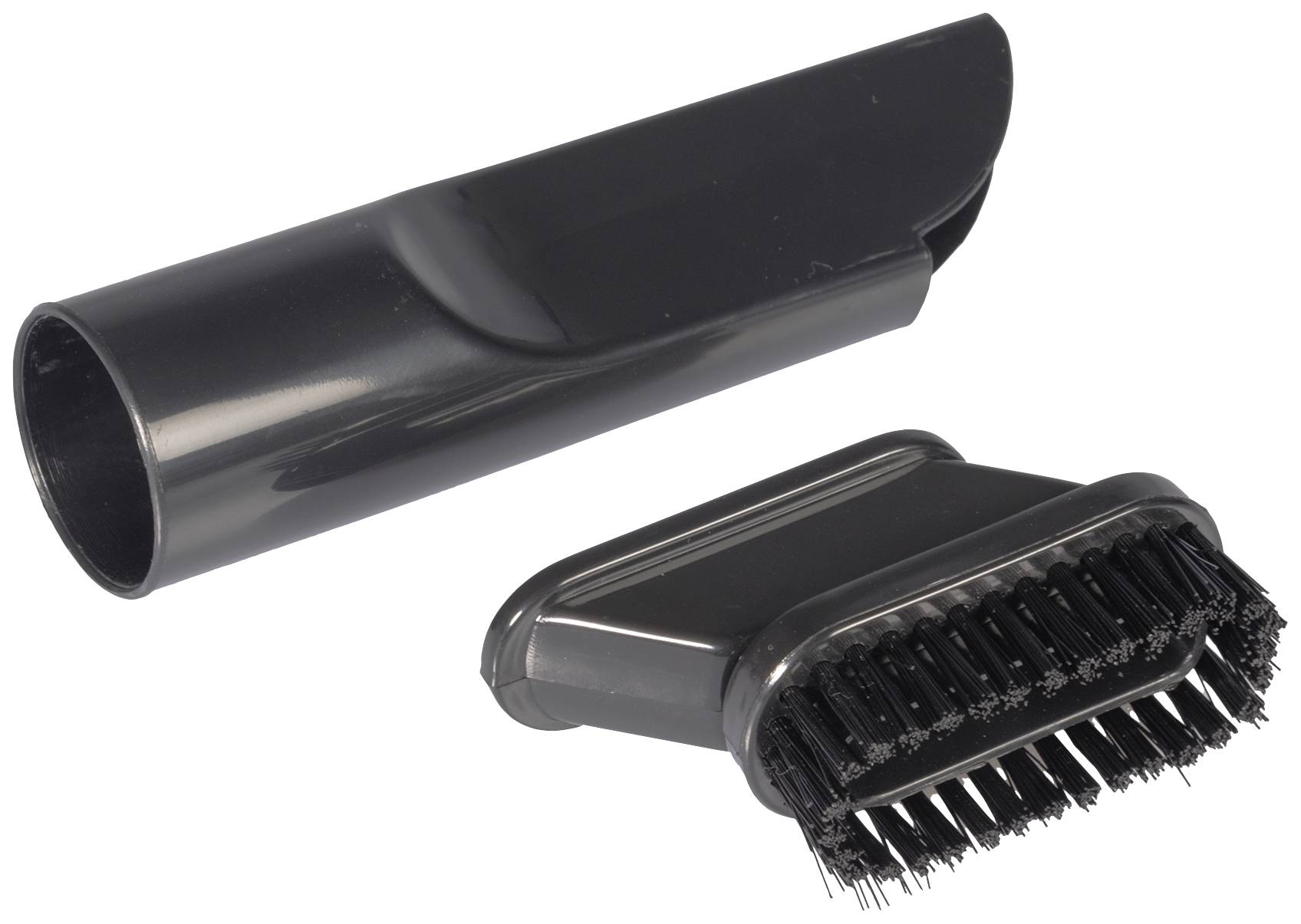 Deux buses d'aspirateur noires : une buse étroite pour les interstices et une petite buse avec des poils pour nettoyer les meubles rembourrés.