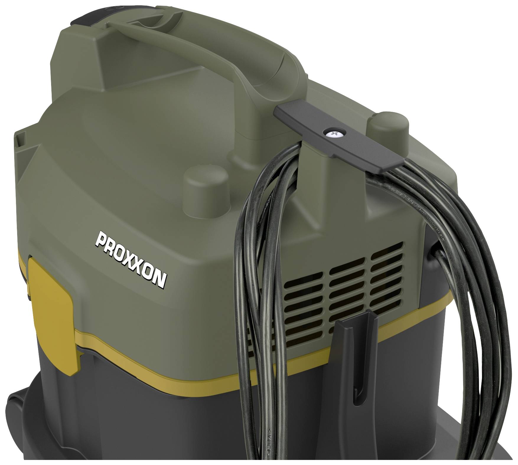 Un aspirateur industriel vert et jaune avec support de câble. L'appareil porte le nom de marque 'PROXXON' imprimé dessus.