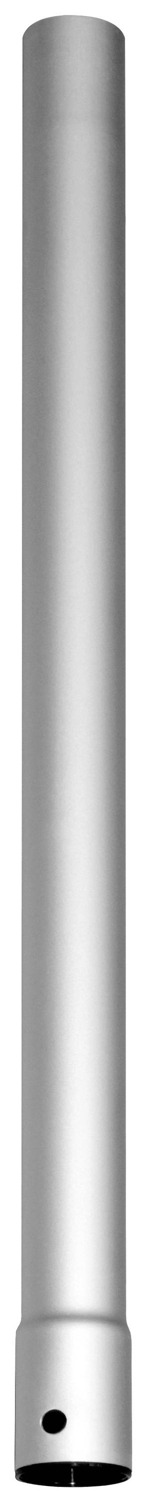 Un long tube métallique cylindrique à surface argentée lisse, avec une petite ouverture noire à son extrémité inférieure, sur un fond neutre.