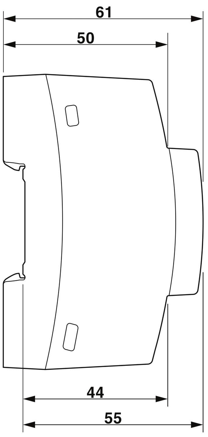 Un diagramme technique représente un composant avec les dimensions suivantes : largeur en haut 61, au milieu 50, en bas 55, hauteur 44 millimètres ; avec deux découpes.