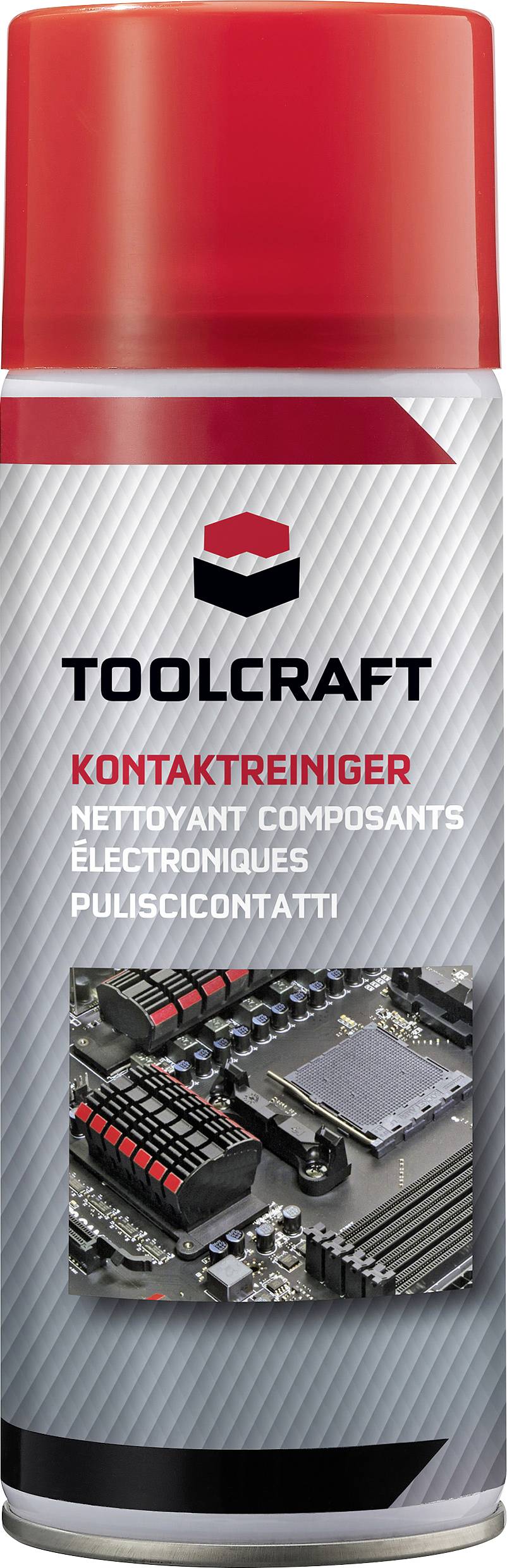 Une bombe aérosol avec un capuchon rouge et une étiquette argentée de la marque 'Toolcraft', portant la mention 'Nettoyant de contacts' en plusieurs langues.