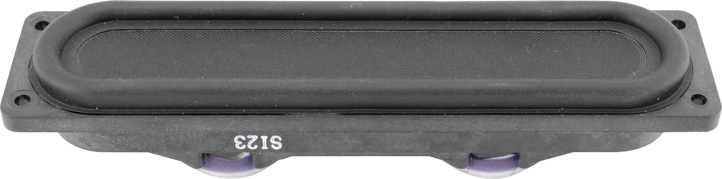 Module de haut-parleur rectangulaire long, recouvert d'un tissu en grille noir et présentant deux points de fixation visibles sur sa face inférieure.
