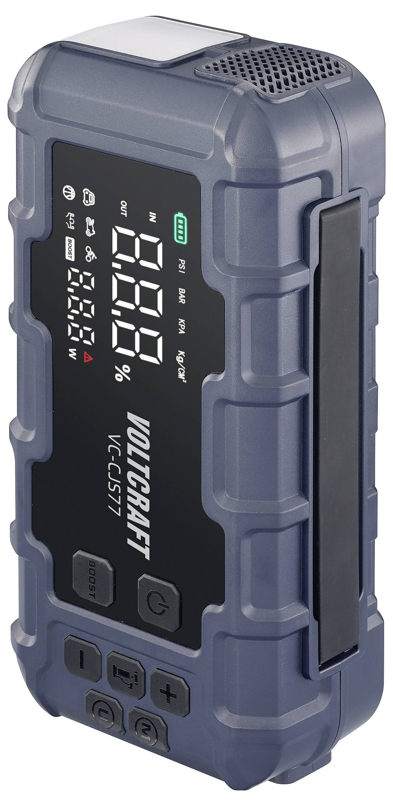 Un voltmètre portable avec affichage numérique, indiquant les mesures en volts, ampères et watts. Dispose de commandes sur la face avant.
