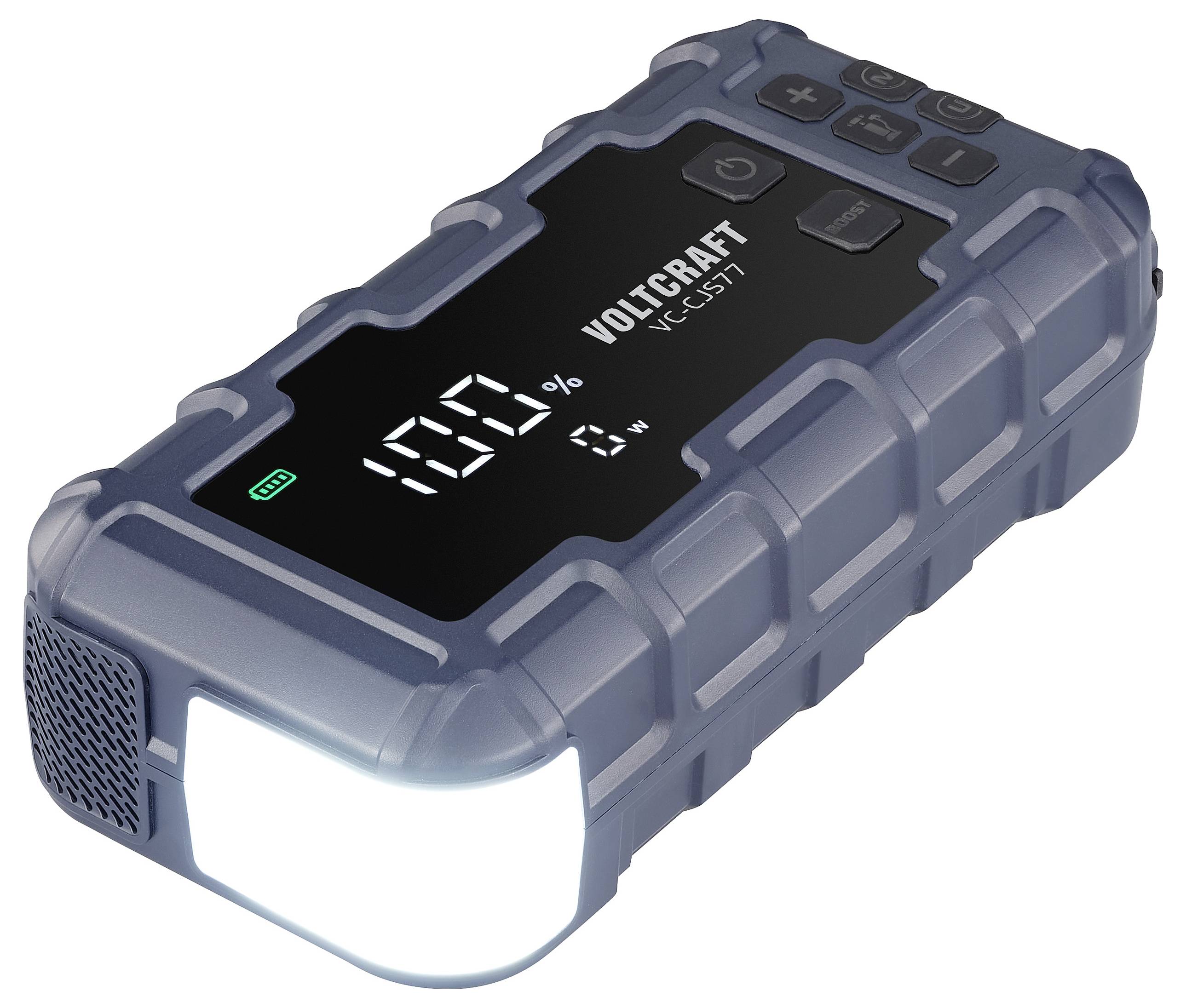 Batterie externe portable avec affichage numérique indiquant '100 %' et '6 W'. Vue latérale avec boîtier robuste et projecteur lumineux directionnel.