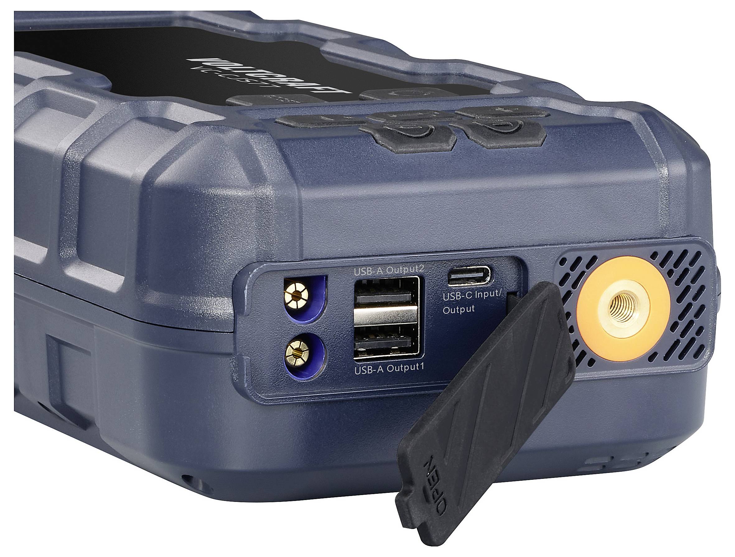 Un appareil portable doté de plusieurs ports USB et d'une buse de valve d'air. Idéal pour l'alimentation électrique et les fonctions de compresseur d'air.