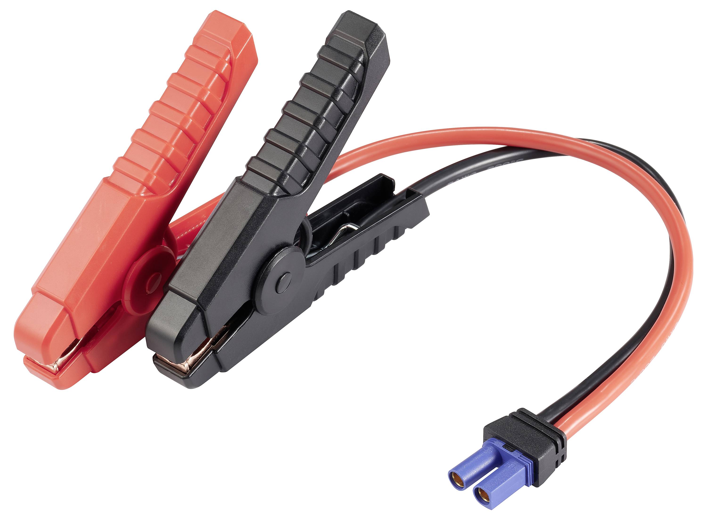 Pinces crocodile rouges et noires reliées par un câble, utilisées pour faire un pontage de batteries de voiture.