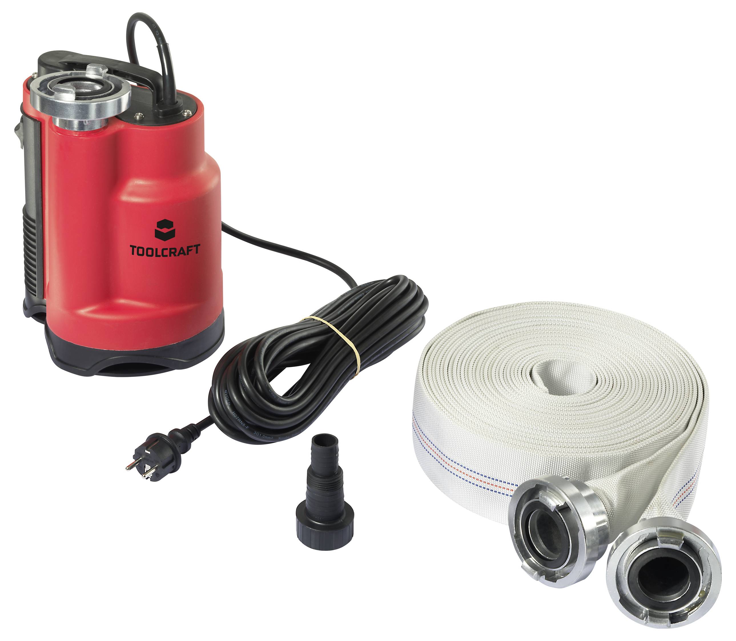 'Pompe de plongée en rouge avec câble de connexion et tuyau blanc, adaptée pour l'évacuation d'eau et les opérations de pompage.'