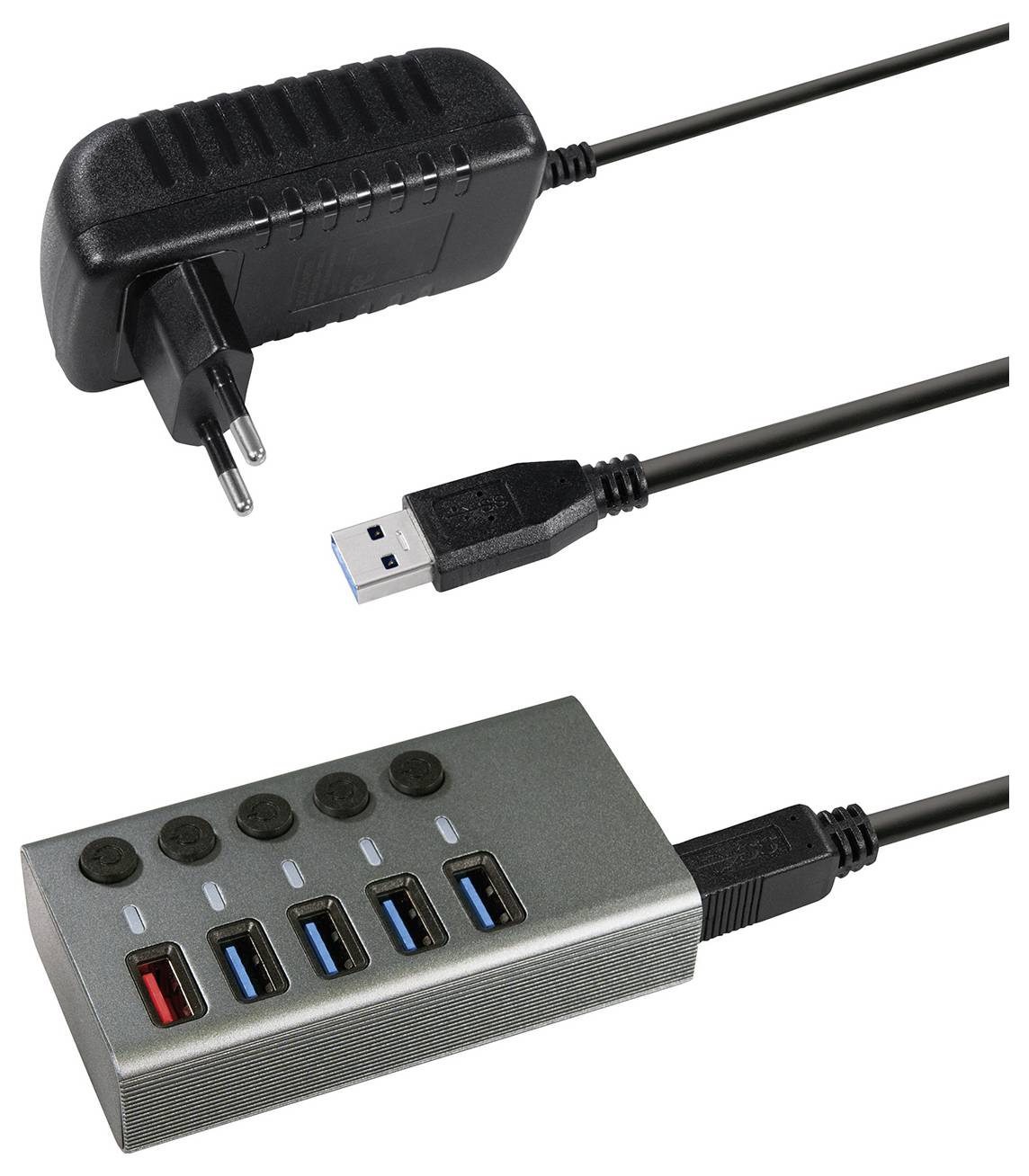 Un hub USB avec bloc d'alimentation, trois ports USB noirs et deux ports USB bleus ; adapté pour plusieurs connexions d'appareils.