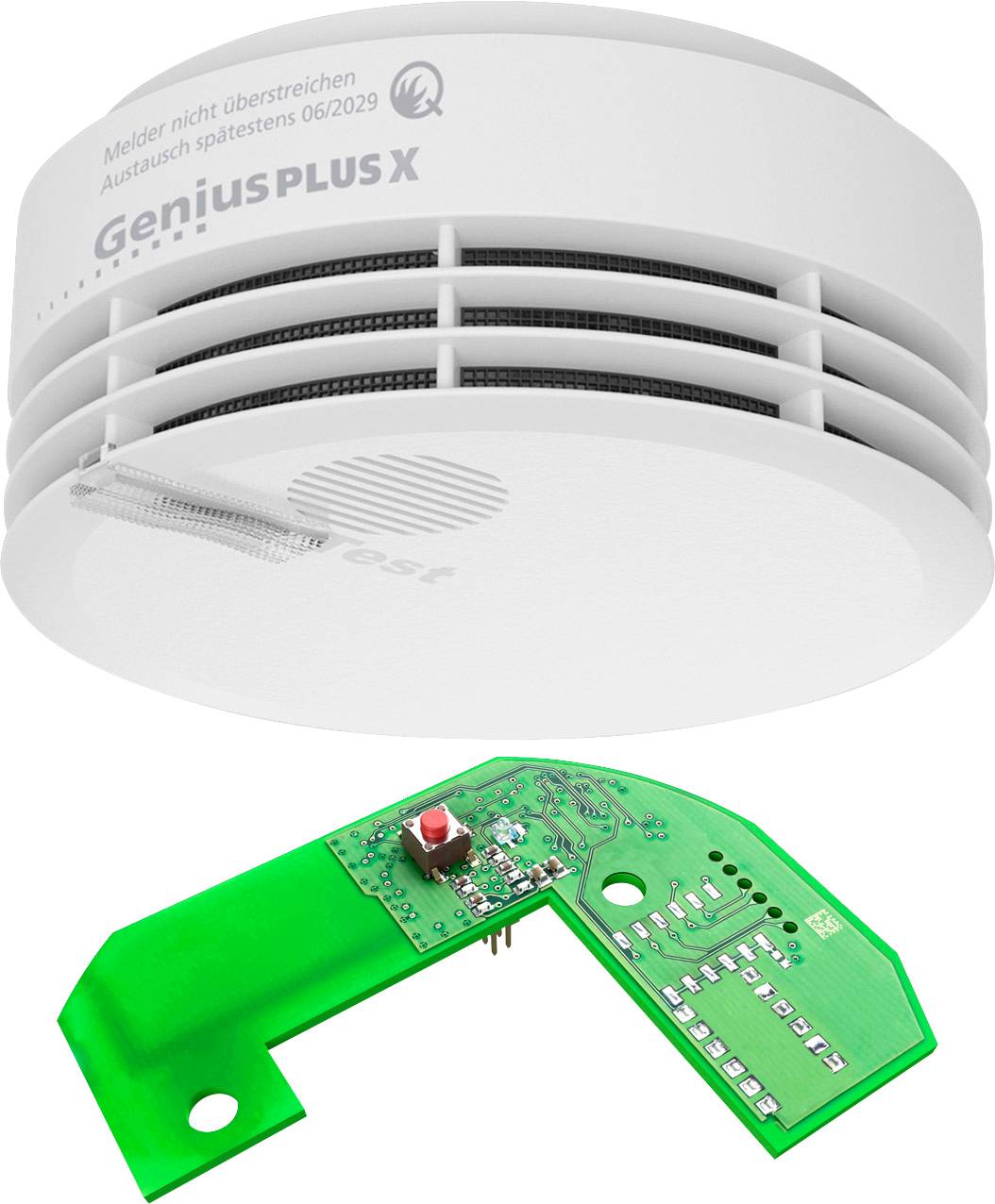 Un détecteur de fumée blanc étiqueté « Genius Plus X » avec un circuit imprimé vert en dessous, indiquant ses composants électroniques.