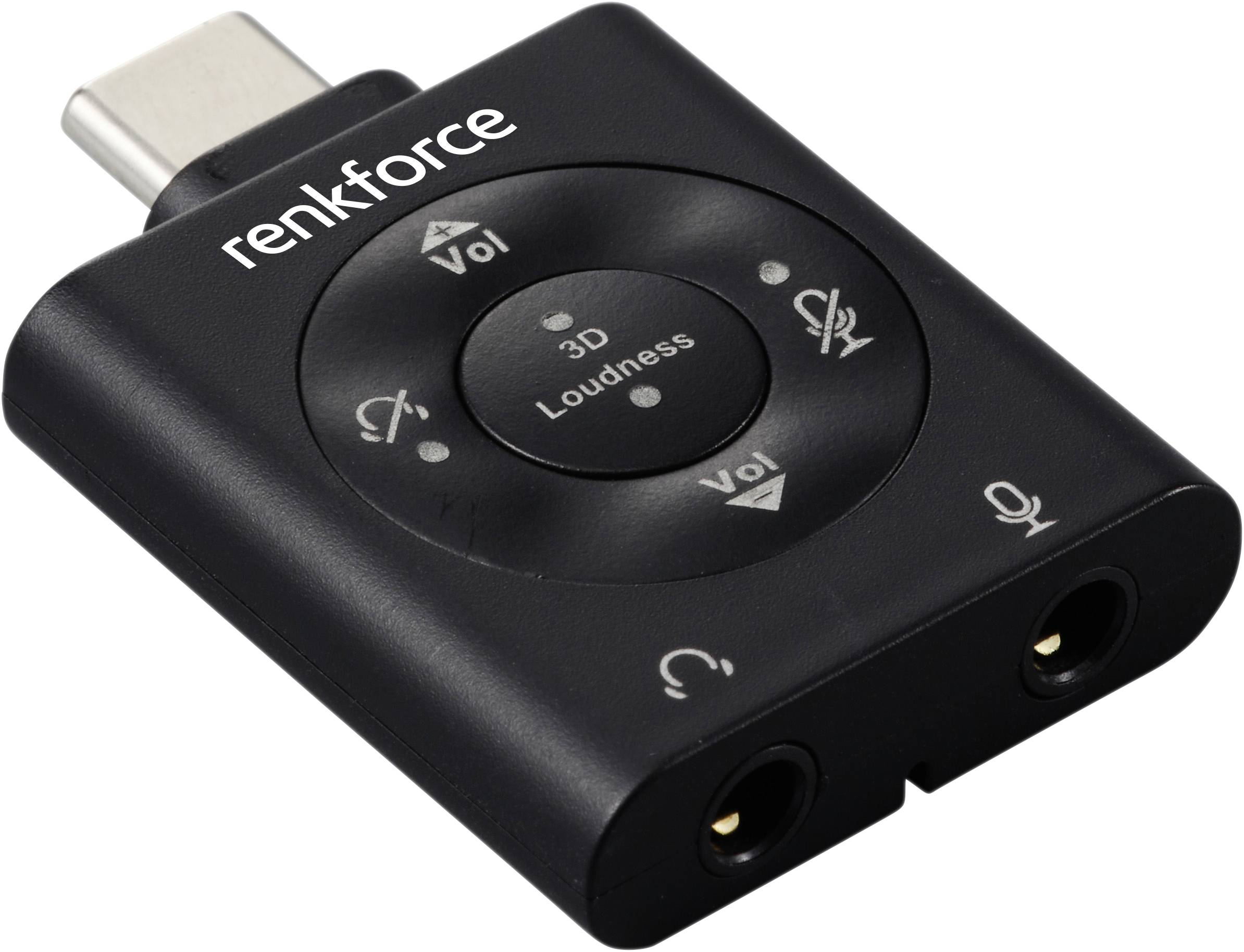 Carte son USB externe de Renkforce avec contrôle de volume et sourdine pour microphone. Connexions pour casque et microphone.