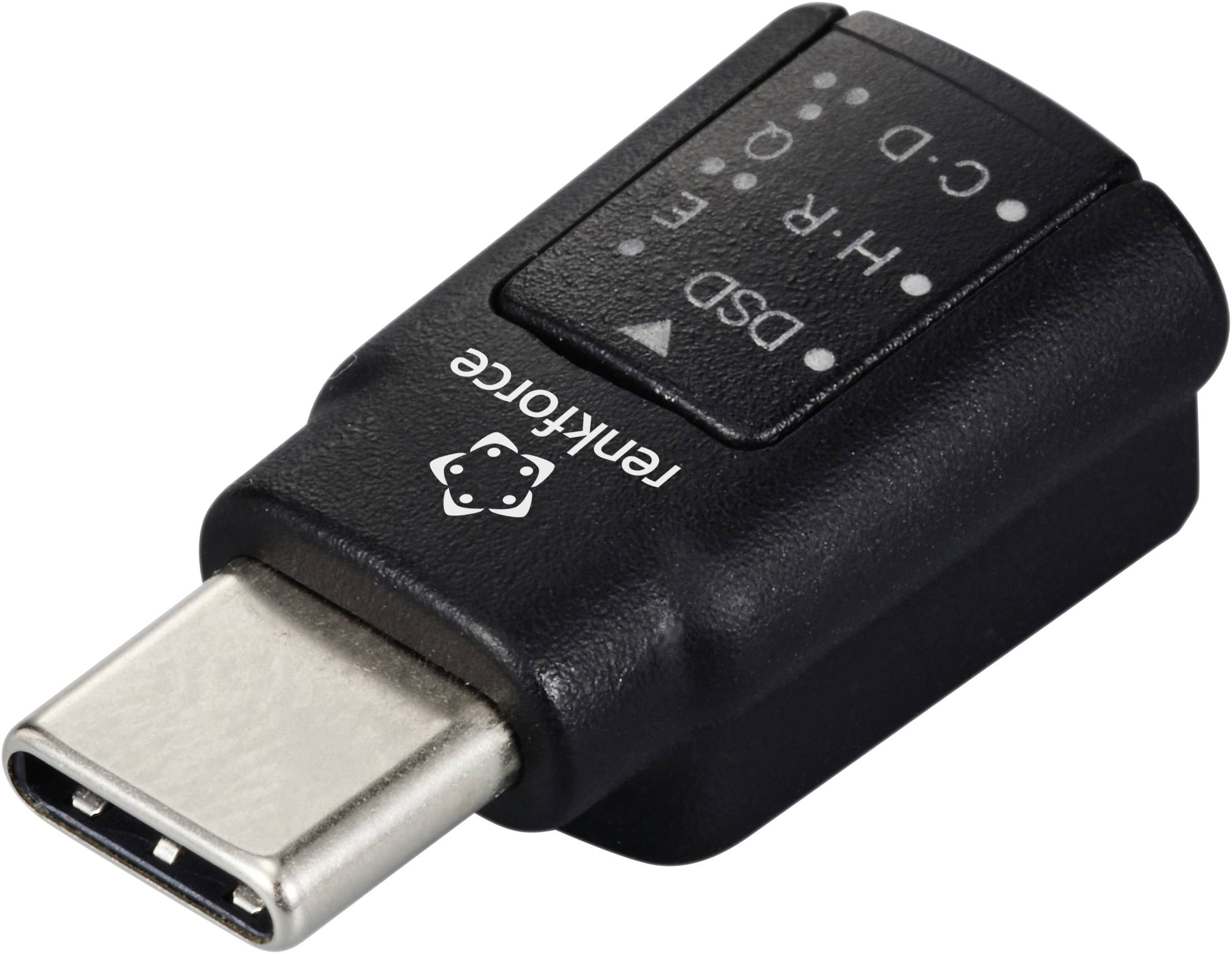 Un adaptateur USB-C noir avec des étiquettes indiquant différentes fonctions : C-D, H-R, E et DSD. Utilisé pour diverses possibilités de connexion.