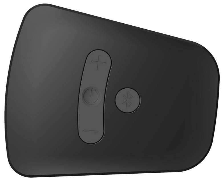 Enceinte Bluetooth noire, vue de dessus. Touches visibles : augmentation du volume, marche/arrêt, Bluetooth.