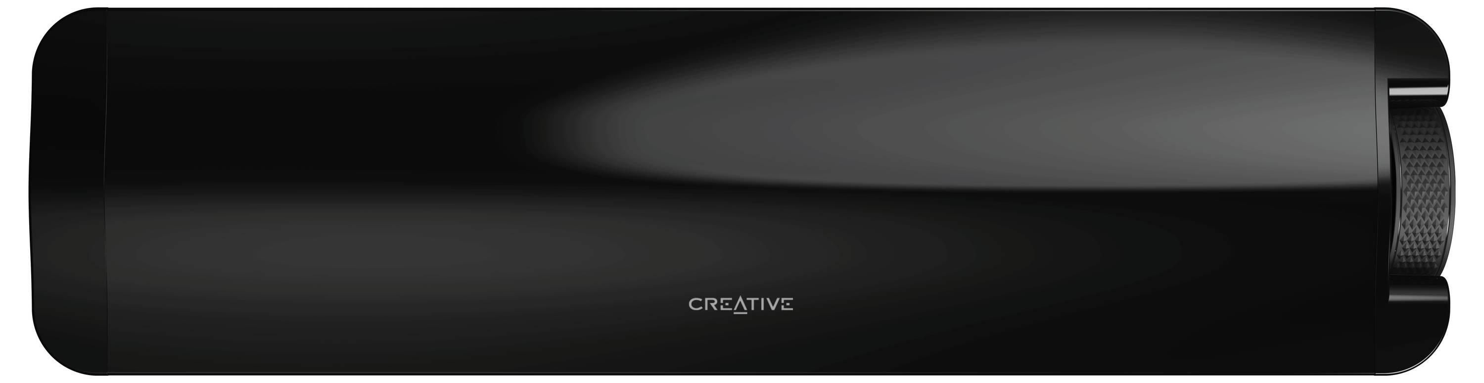 Longue barre de son noire avec des extrémités arrondies et l'inscription 'Creative' au centre. Idéale pour les systèmes home-cinéma.