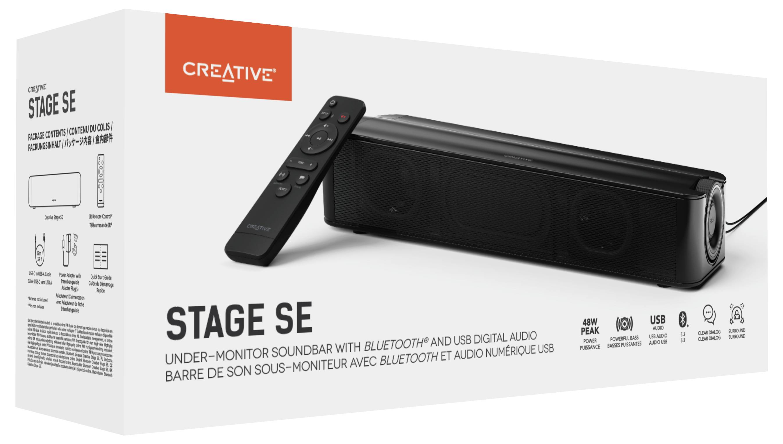 Emballage de la Soundbar 'Creative Stage SE' avec illustration de la barre de son et de sa télécommande. Fonctions : Bluetooth, USB, puissance de 48W.