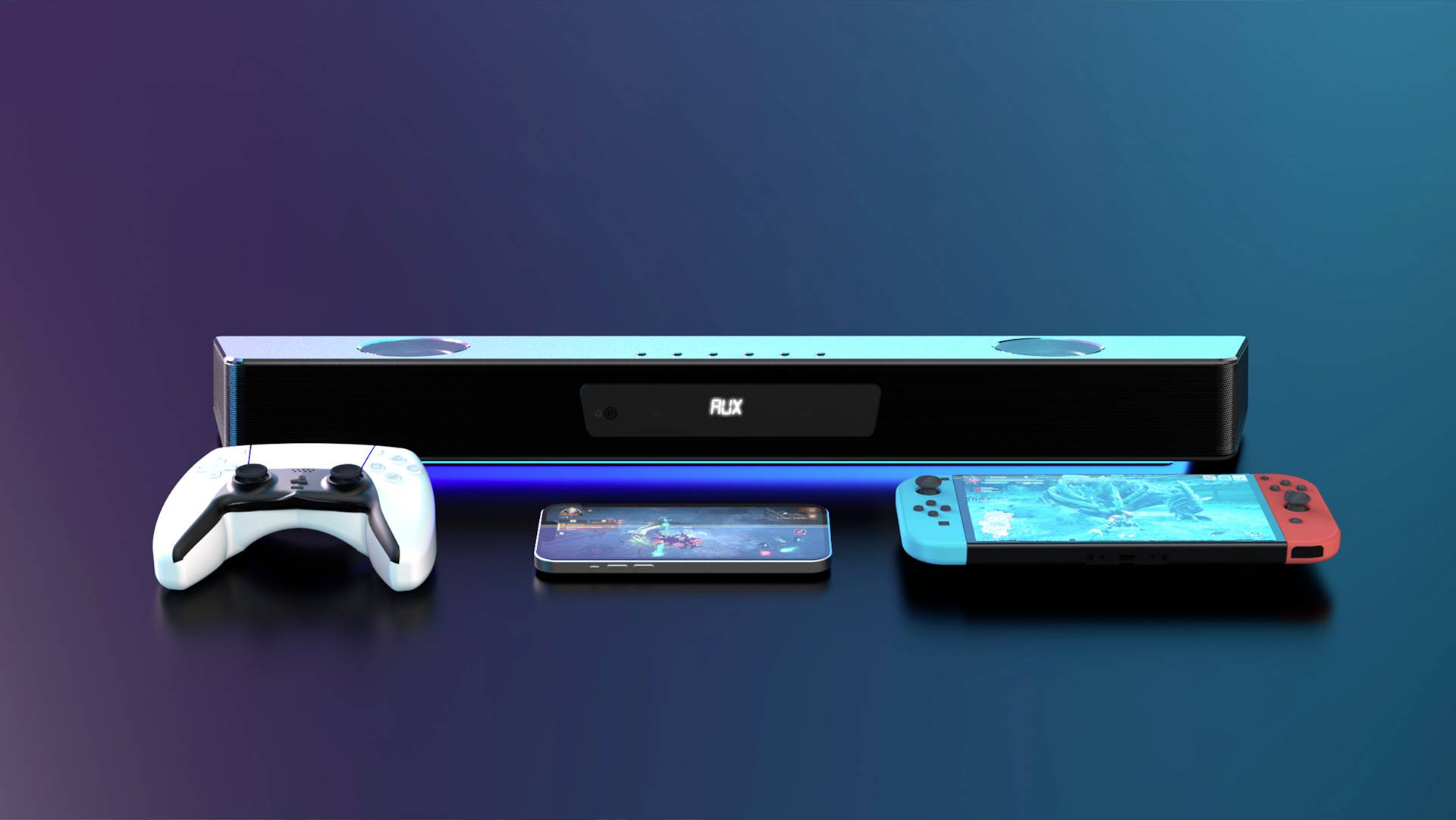 Un contrôleur, un smartphone avec un écran de jeu et une console de jeu portable sont placés devant une barre de son élancée.