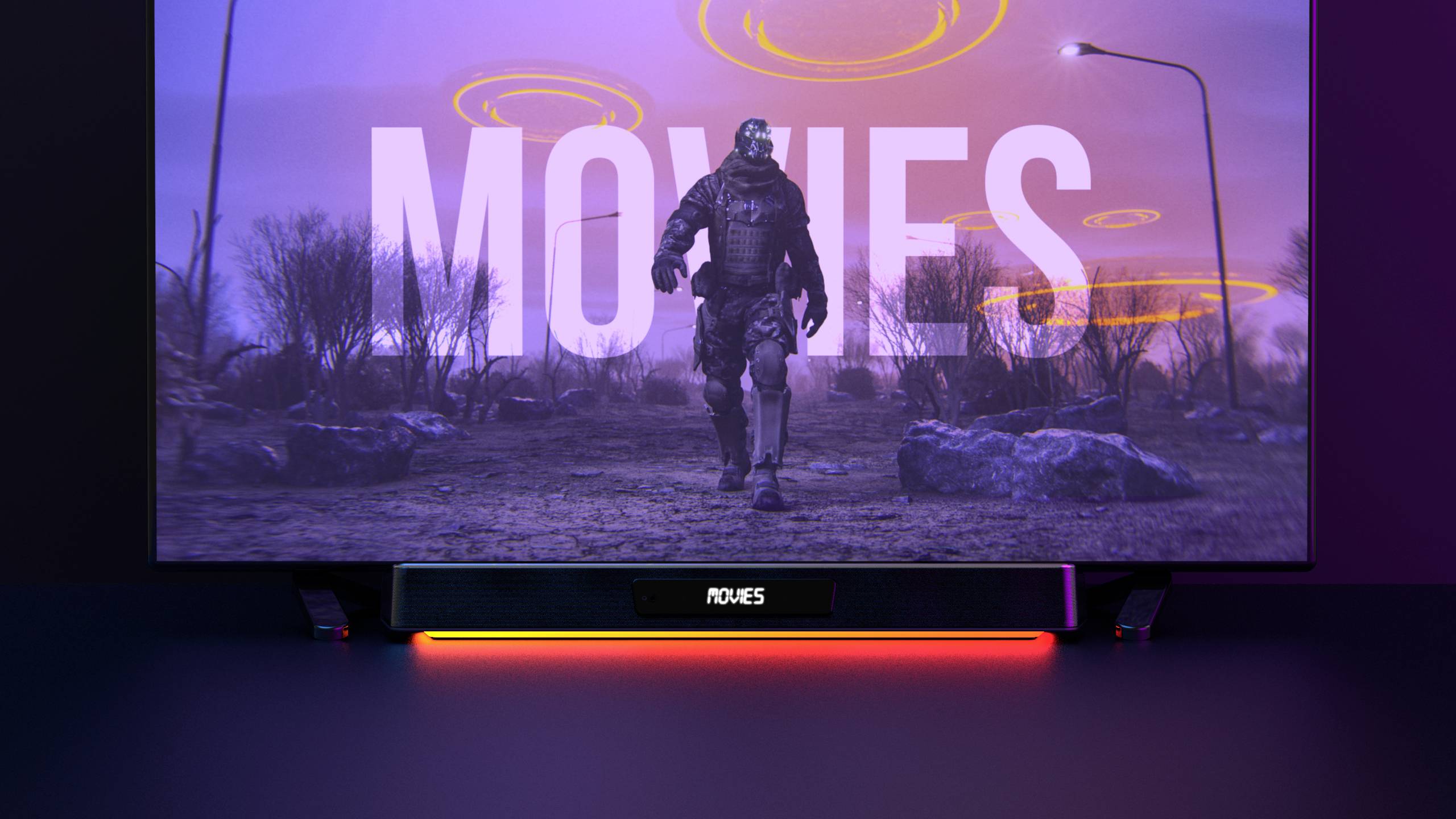 Un téléviseur affiche une image portant l'inscription 'MOVIES', en dessous de laquelle se trouve un paysage avec un soldat futuriste.