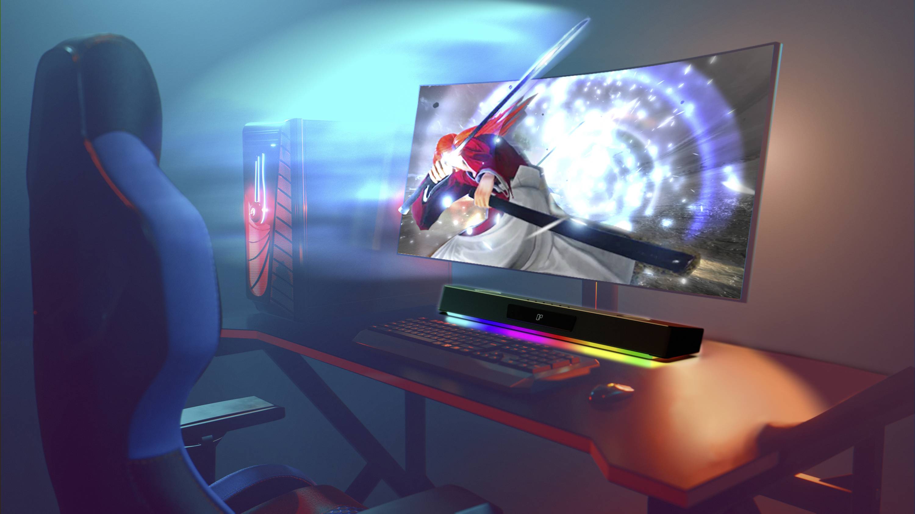 Un setup de gaming éclairé avec un PC rétroéclairé, un écran affichant un jeu vidéo plein d'action, à côté d'un clavier et de haut-parleurs.