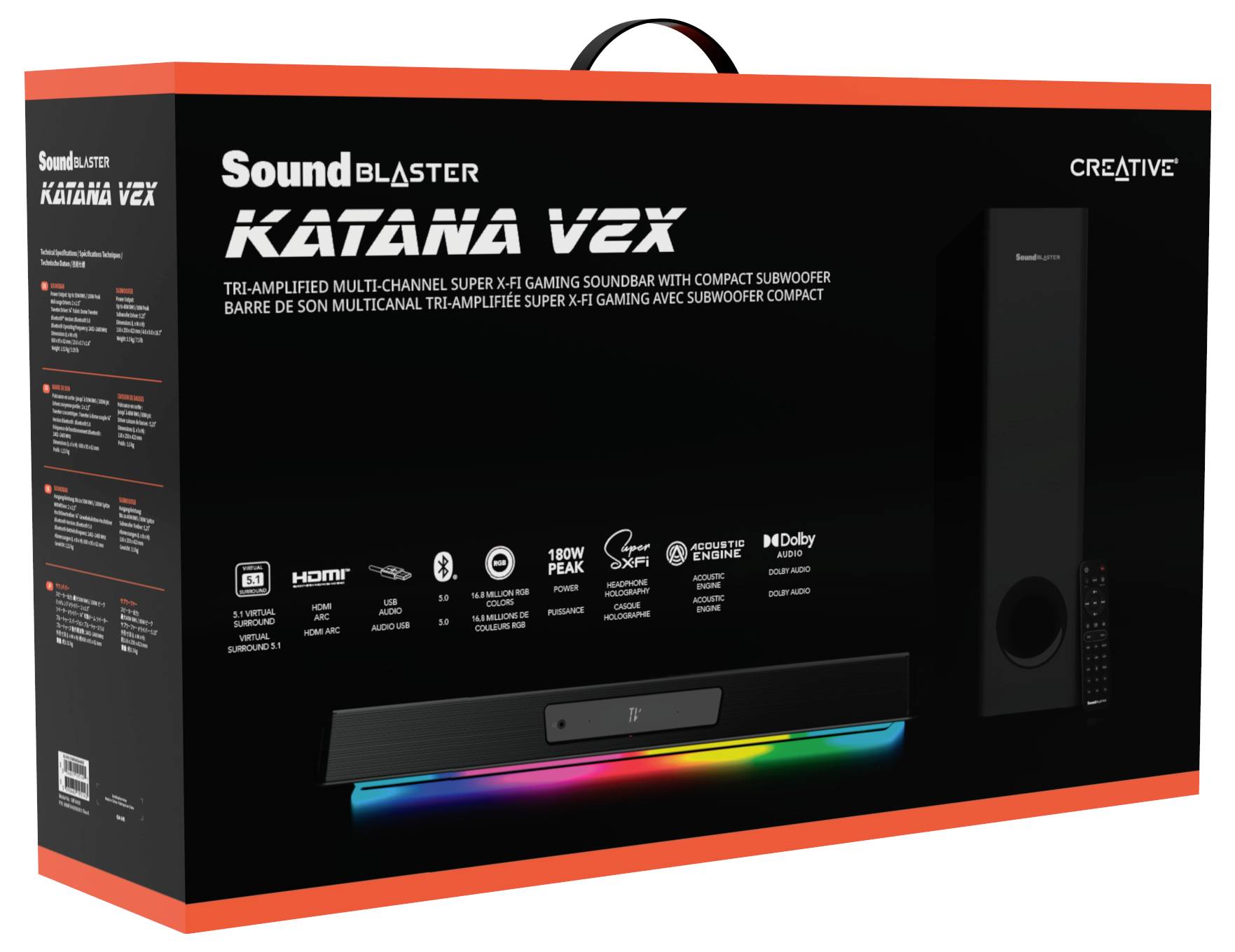 Emballage d'une barre de son Creative Sound Blaster Katana V2X, avec bandeau lumineux multicolore, caisson de basses compact et détails de connexion.