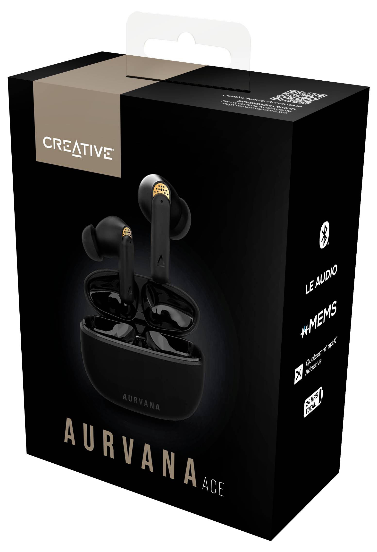 Emballage présentant des écouteurs sans fil noirs de Creative, modèle 'Aurvana Ace', avec leur étui de chargement.
