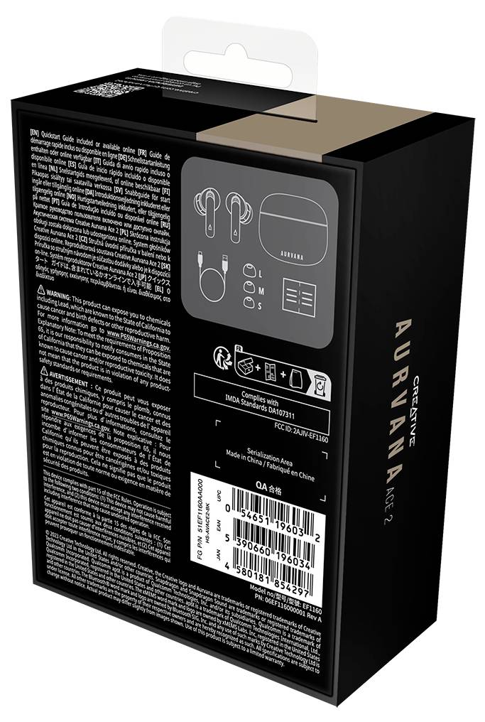 La face arrière d'un emballage de produit avec des informations et des diagrammes sur des écouteurs sans fil, comprenant le numéro de modèle et le code-barres.