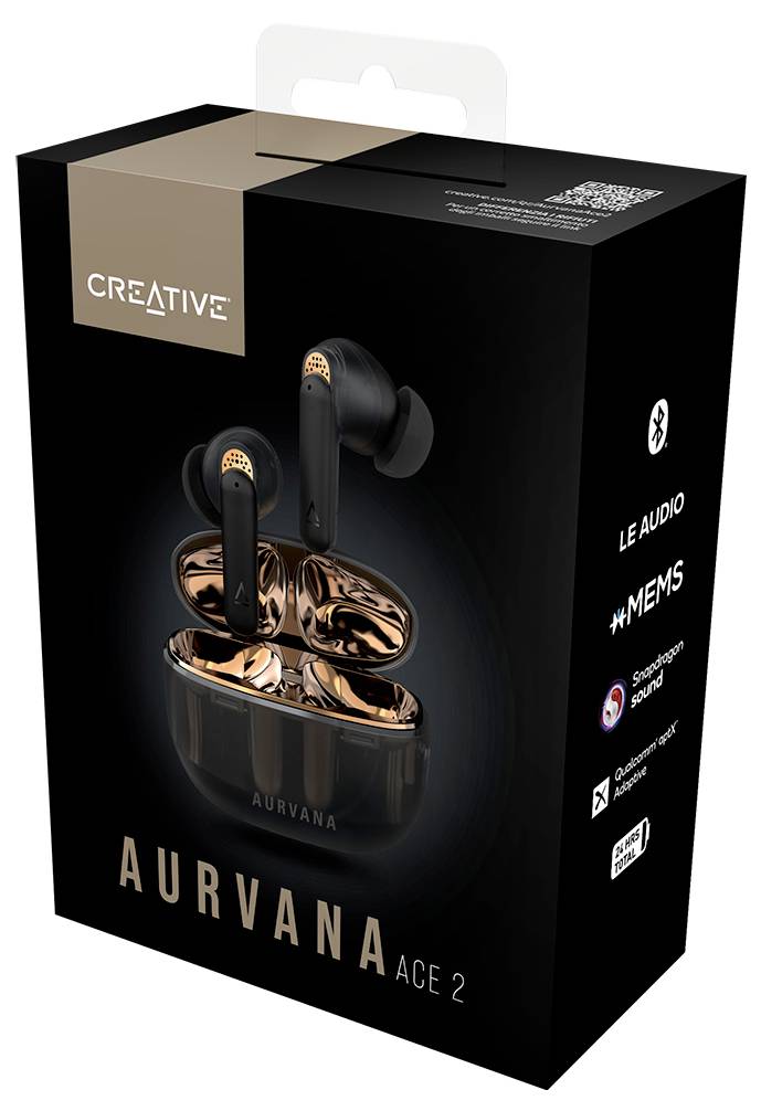 Emballage des écouteurs Creative Aurvana Ace 2. Présente l'image du produit des écouteurs intra-auriculaires noir et cuivre, ainsi que le logo de l'entreprise.