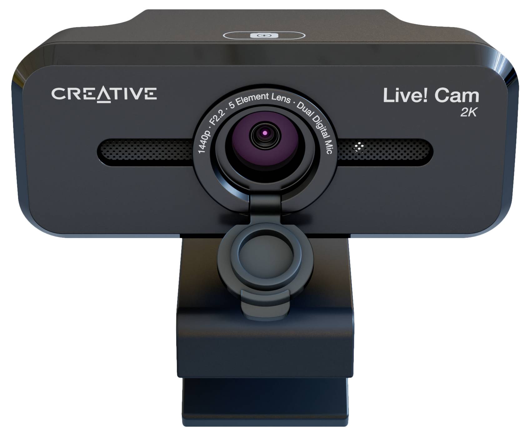 Une webcam noire portant l'inscription 'Creative' et 'Live! Cam 2K', équipée d'un objectif 2K et d'un microphone double.