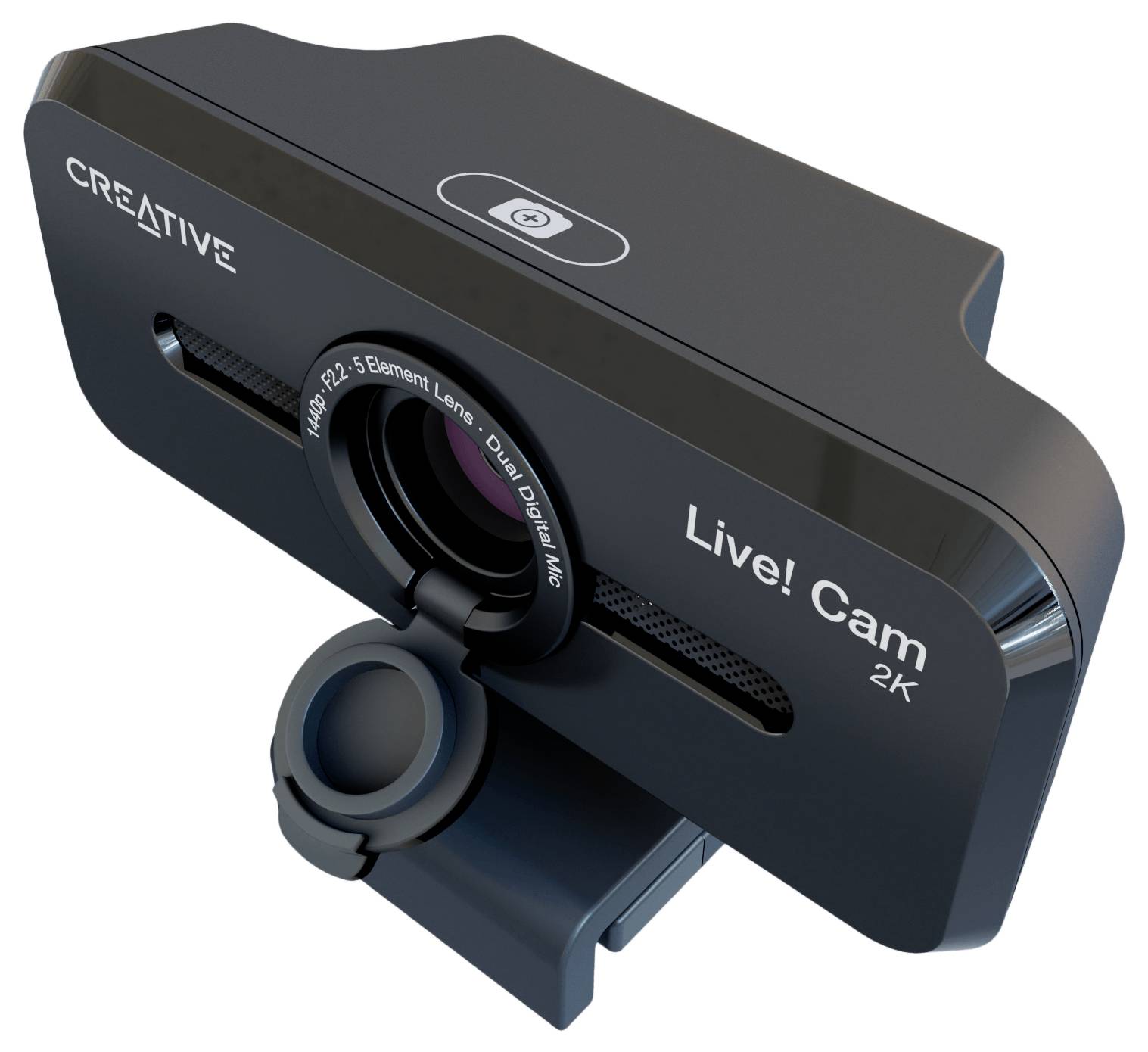 Webcam noire portant l'inscription « Live! Cam 2K ». Équipée d'un objectif 2K et d'un microphone intégré. Modèle de Creative.