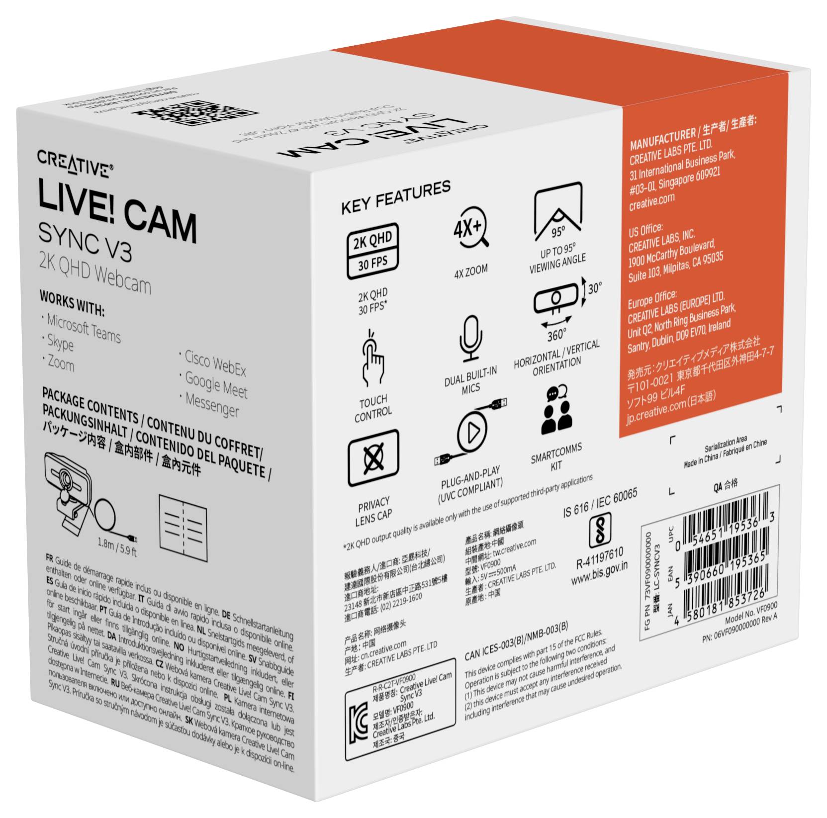 Une boîte d'emballage de webcam portant l'inscription 'Creative Live! Cam Sync V3', présentant des fonctionnalités telles que 2K QHD, un microphone intégré et un zoom x4.