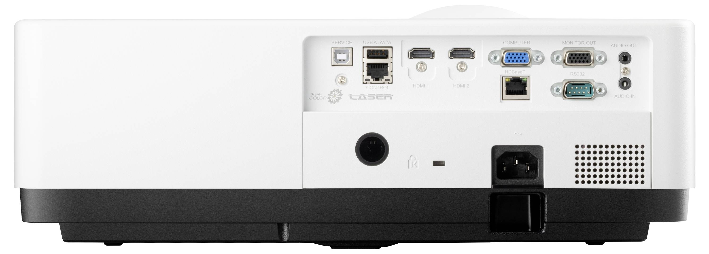 Façade arrière blanche de projecteur avec différentes options de connexion telles que HDMI, VGA, USB et réseau.
