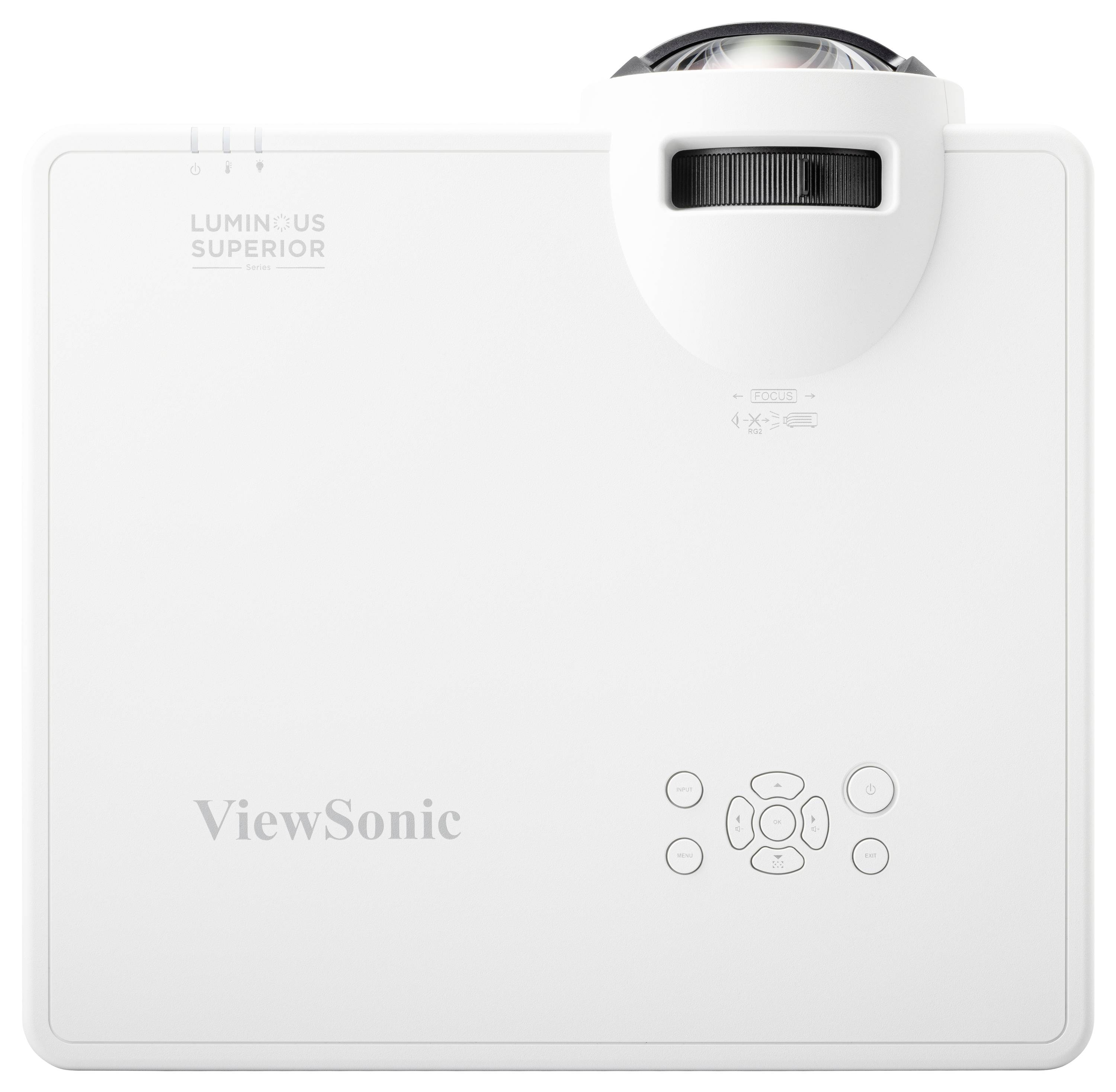 Un projecteur blanc ViewSonic avec des touches et un objectif sur le dessus.