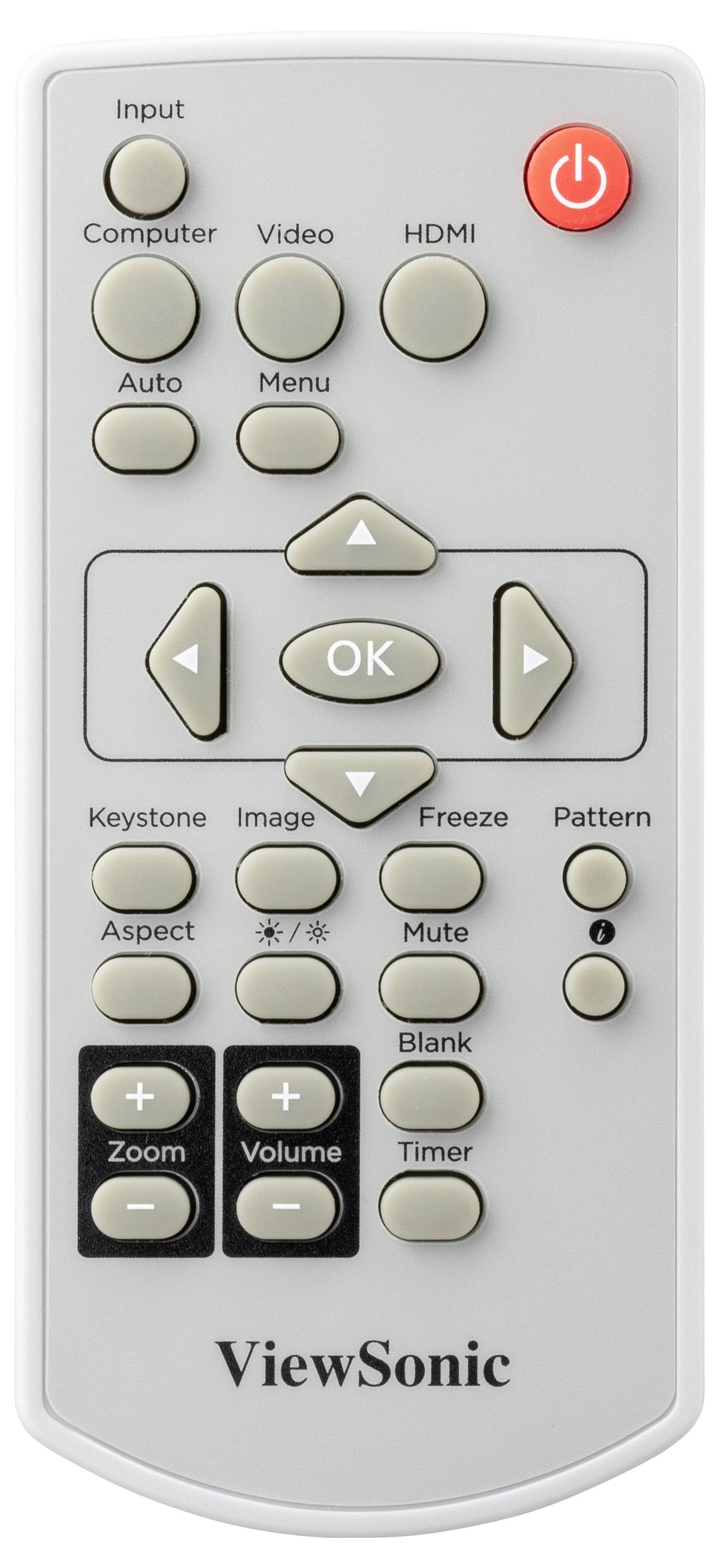 Une télécommande grise avec des touches pour les entrées, le volume, le zoom et les menus d'un projecteur.